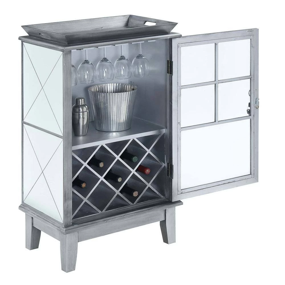 Gold Coast Antique Silver/Mirror Wine Storage Serving Bar with Cabinet and Lock by Convenience Concepts 3 Gold Coast Antique Silver/Mirror Wine Storage Serving Bar with Cabinet and Lock by Convenience Concepts - Image 2