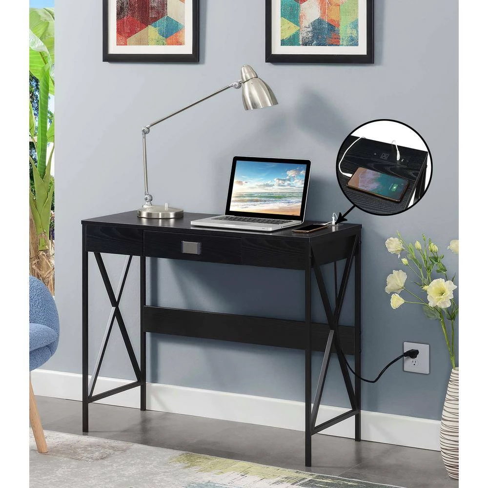 Tucson 36 in. Rectangle Black/Black Particle Board 1 Drawer Writing Desk with Charging Station by Convenience Concepts 10 Tucson 36 in. Rectangle Black/Black Particle Board 1 Drawer Writing Desk with Charging Station by Convenience Concepts - Image 8