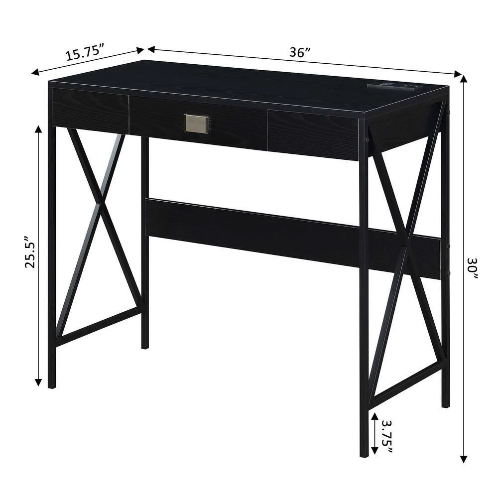 Tucson 36 in. Rectangle Black/Black Particle Board 1 Drawer Writing Desk with Charging Station by Convenience Concepts 9 Tucson 36 in. Rectangle Black/Black Particle Board 1 Drawer Writing Desk with Charging Station by Convenience Concepts - Image 7