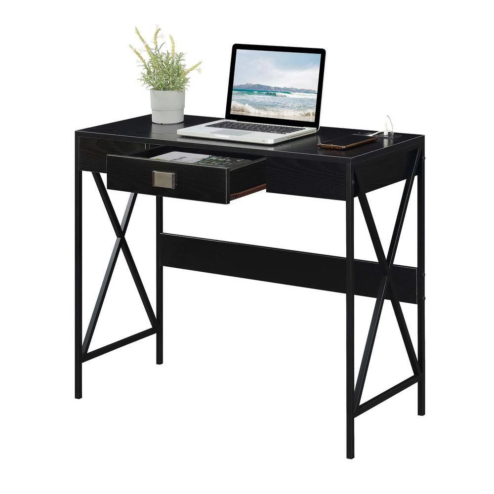 Tucson 36 in. Rectangle Black/Black Particle Board 1 Drawer Writing Desk with Charging Station by Convenience Concepts 5 Tucson 36 in. Rectangle Black/Black Particle Board 1 Drawer Writing Desk with Charging Station by Convenience Concepts - Image 3