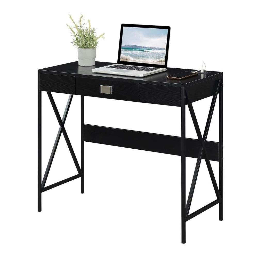 Tucson 36 in. Rectangle Black/Black Particle Board 1 Drawer Writing Desk with Charging Station by Convenience Concepts 4 Tucson 36 in. Rectangle Black/Black Particle Board 1 Drawer Writing Desk with Charging Station by Convenience Concepts - Image 2