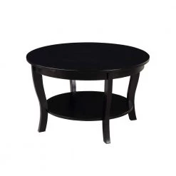 American Heritage 30 in. Black Medium Round Wood Coffee Table with Shelf by Convenience Concepts