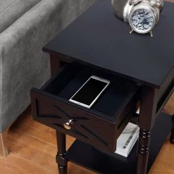 Country Oxford 16 in. Black Tall Rectangle Wood End Table with 1-Drawer, Charging Station and Shelf by Convenience Concepts -Cheap Convenience Concepts Store black convenience concepts end side tables v2 198 1f 1000
