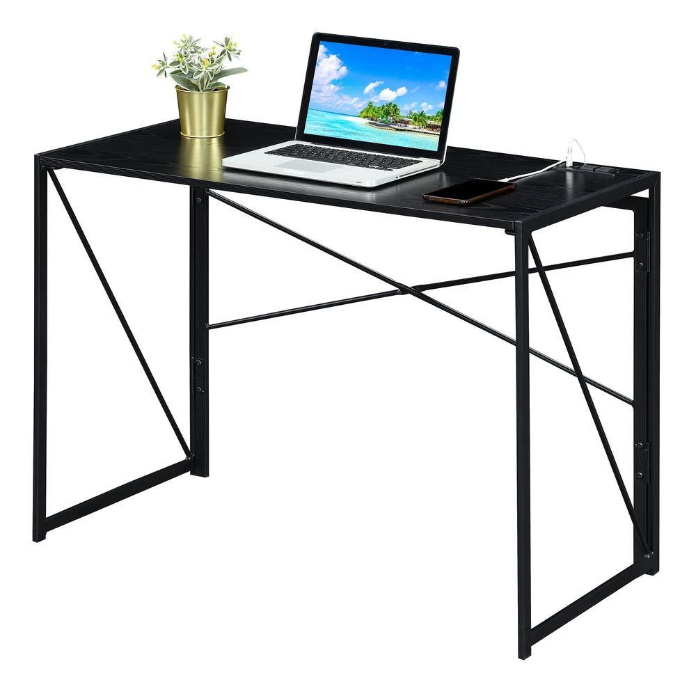 Xtra 39.5 in. Rectangular Black Particle Board/Metal Foldable Writing Desk with Charging Station by Convenience Concepts 4 Xtra 39.5 in. Rectangular Black Particle Board/Metal Foldable Writing Desk with Charging Station by Convenience Concepts - Image 2