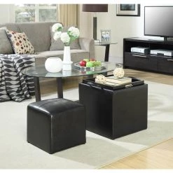 Designs4Comfort Park Avenue Black Faux Leather Storage Ottoman with Stool and Reversible Tray by Convenience Concepts -Cheap Convenience Concepts Store black faux leather convenience concepts ottomans r8 111 31 1000