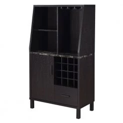 Newport Black Faux Marble/Espresso Wine Storage Bar with Drawer and Cabinet by Convenience Concepts