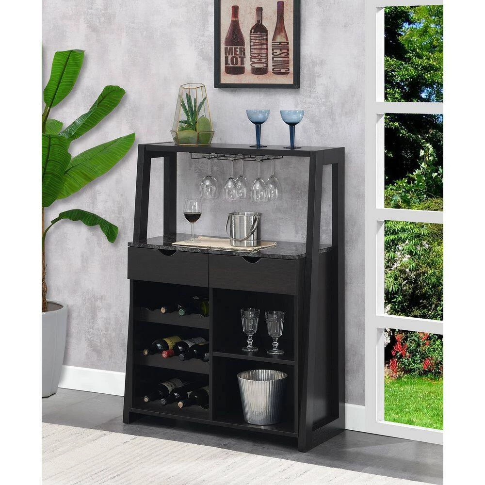 Uptown Black Faux Marble/Espresso 2 Drawer Wine Storage Bar with Shelves by Convenience Concepts 8 Uptown Black Faux Marble/Espresso 2 Drawer Wine Storage Bar with Shelves by Convenience Concepts - Image 6
