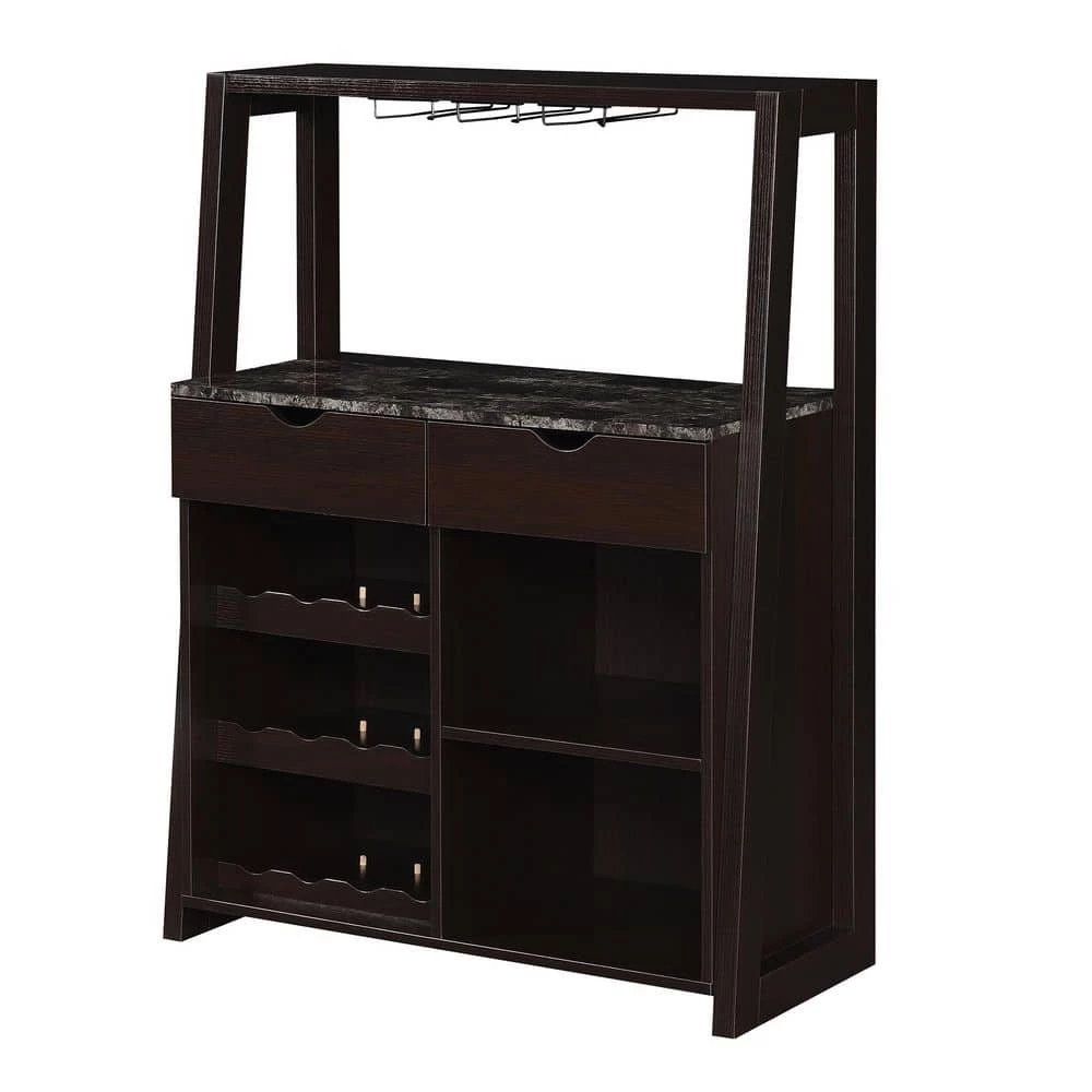 Uptown Black Faux Marble/Espresso 2 Drawer Wine Storage Bar with Shelves by Convenience Concepts 3 Uptown Black Faux Marble/Espresso 2 Drawer Wine Storage Bar with Shelves by Convenience Concepts