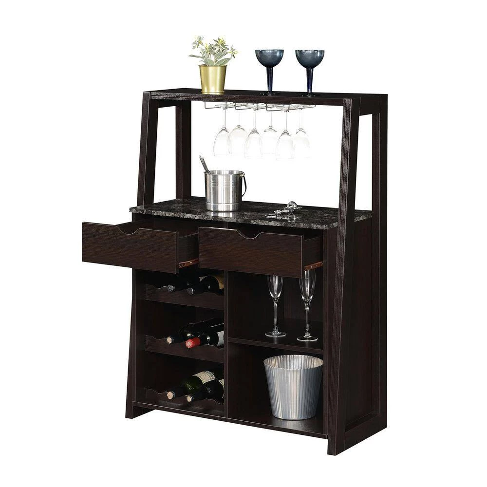 Uptown Black Faux Marble/Espresso 2 Drawer Wine Storage Bar with Shelves by Convenience Concepts 5 Uptown Black Faux Marble/Espresso 2 Drawer Wine Storage Bar with Shelves by Convenience Concepts - Image 3