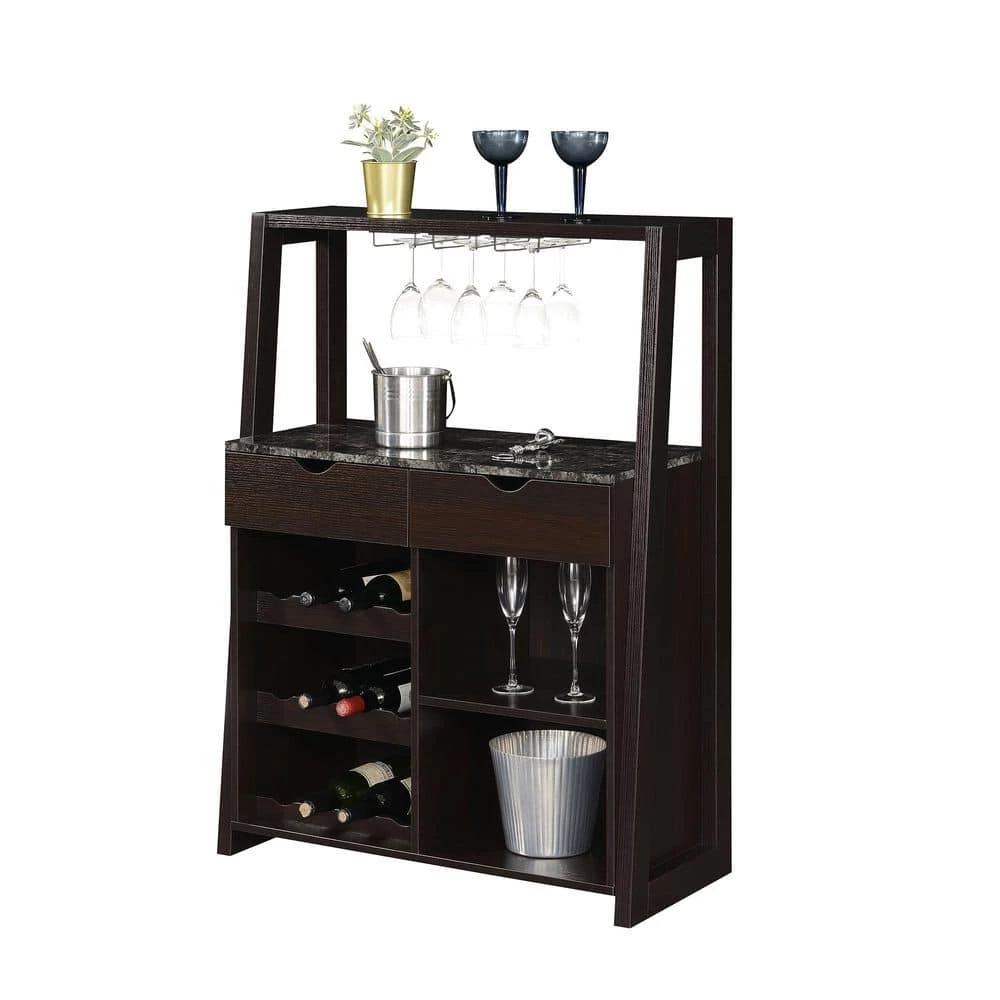 Uptown Black Faux Marble/Espresso 2 Drawer Wine Storage Bar with Shelves by Convenience Concepts 4 Uptown Black Faux Marble/Espresso 2 Drawer Wine Storage Bar with Shelves by Convenience Concepts - Image 2