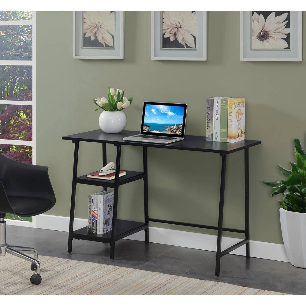 Designs2Go 47 in. Rectangle Black Wood and Metal Writing Desk with Trestle Shelves by Convenience Concepts 7 Designs2Go 47 in. Rectangle Black Wood and Metal Writing Desk with Trestle Shelves by Convenience Concepts - Image 5