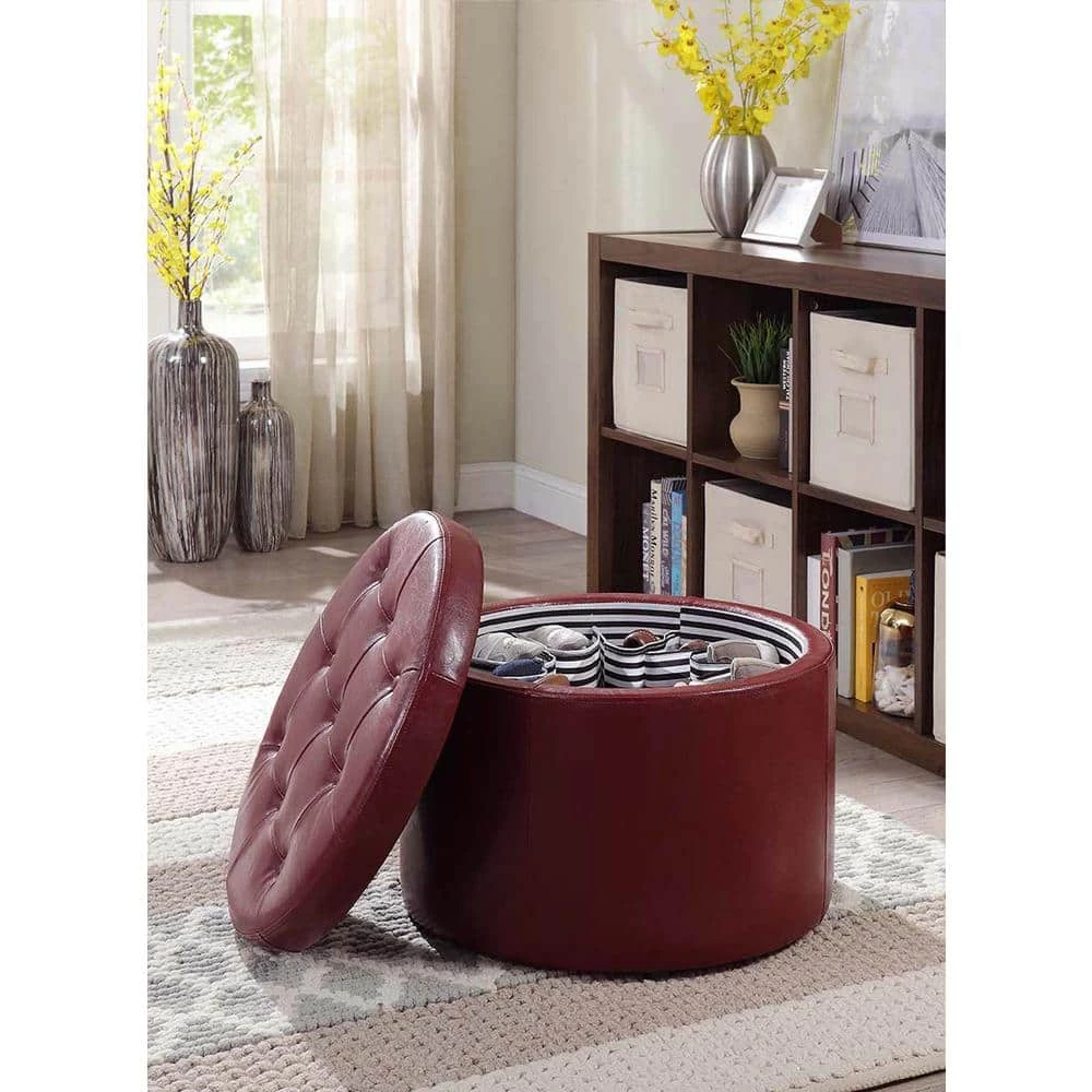 Designs4Comfort Burgundy Faux Leather Round Shoe Storage Ottoman by Convenience Concepts 7 Designs4Comfort Burgundy Faux Leather Round Shoe Storage Ottoman by Convenience Concepts - Image 5