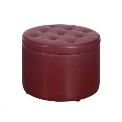 Designs4Comfort Burgundy Faux Leather Round Shoe Storage Ottoman by Convenience Concepts