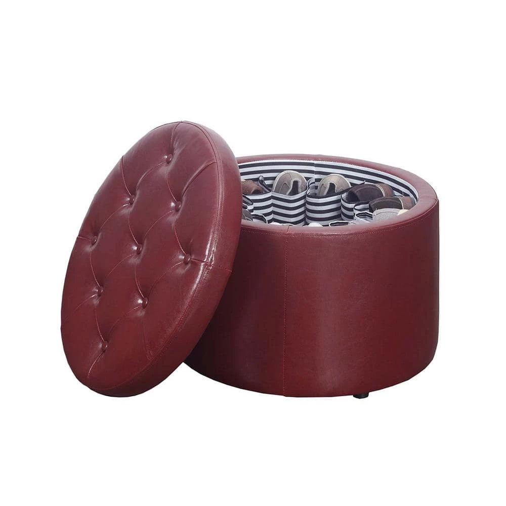 Designs4Comfort Burgundy Faux Leather Round Shoe Storage Ottoman by Convenience Concepts 5 Designs4Comfort Burgundy Faux Leather Round Shoe Storage Ottoman by Convenience Concepts - Image 3