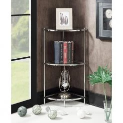 Royal Crest 35.5 in. H Chrome/Glass Metal 3-Shelf Corner Bookcase by Convenience Concepts -Cheap Convenience Concepts Store chrome convenience concepts bookcases bookshelves s11 145 31 1000
