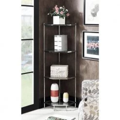 Royal Crest 50.75 in. Chrome Glass 4-Shelf Corner Bookcase by Convenience Concepts -Cheap Convenience Concepts Store chrome convenience concepts bookcases bookshelves s11 146 31 1000