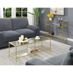 Royal Crest 48 in. Clear/Gold Large Rectangle Glass Coffee Table with Shelf by Convenience Concepts -Cheap Convenience Concepts Store clear glass and gold powder coated metal convenience concepts coffee tables s11 152 1f 1000