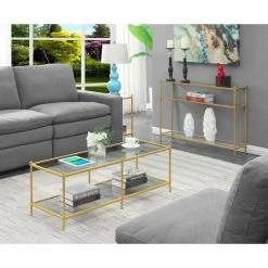 Royal Crest 48 in. Clear/Gold Large Rectangle Glass Coffee Table with Shelf by Convenience Concepts -Cheap Convenience Concepts Store clear glass and gold powder coated metal convenience concepts coffee tables s11 152 31 1000