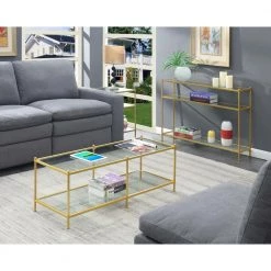 Royal Crest 48 in. Clear/Gold Large Rectangle Glass Coffee Table with Shelf by Convenience Concepts -Cheap Convenience Concepts Store clear glass and gold powder coated metal convenience concepts coffee tables s11 152 4f 1000