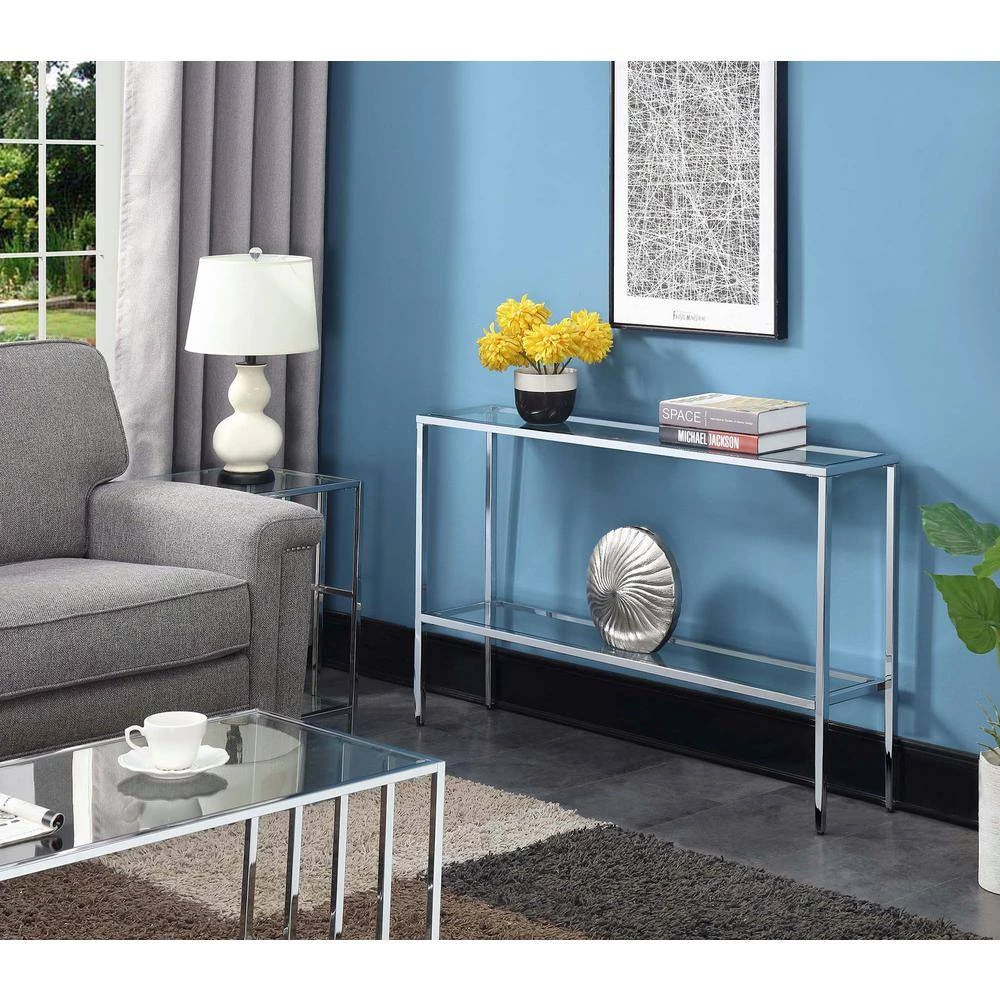 Nadia 48 in. Clear/Chrome Standard Rectangle Glass Console Table with Storage by Convenience Concepts 8 Nadia 48 in. Clear/Chrome Standard Rectangle Glass Console Table with Storage by Convenience Concepts - Image 6