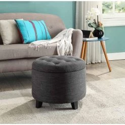 Designs4Comfort Dark Charcoal Gray Linen Round Storage Ottoman by Convenience Concepts -Cheap Convenience Concepts Store dark charcoal gray linen convenience concepts ottomans r9 133 31 1000