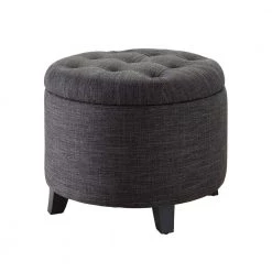 Designs4Comfort Dark Charcoal Gray Linen Round Storage Ottoman by Convenience Concepts