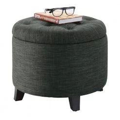 Designs4Comfort Dark Charcoal Gray Linen Round Storage Ottoman by Convenience Concepts -Cheap Convenience Concepts Store dark charcoal gray linen convenience concepts ottomans r9 133 c3 1000