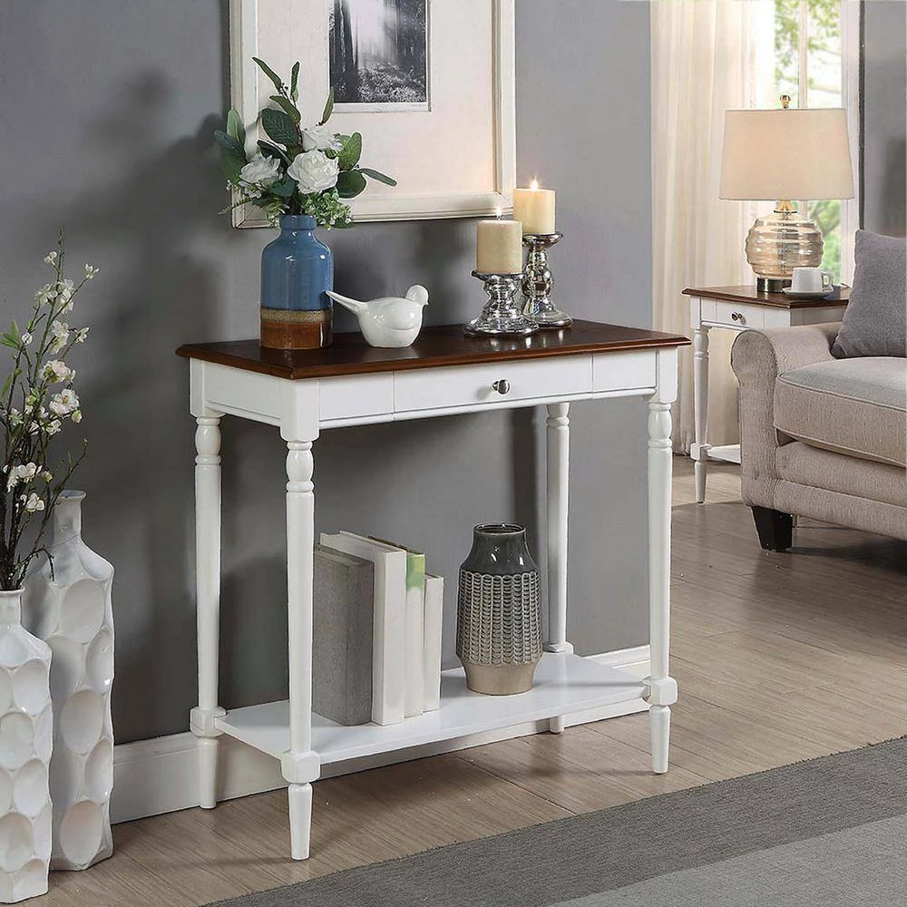 French Country 31.5 in. Dark Walnut/White Standard Rectangle Wood Console Table with 1 Drawer and Shelf by Convenience Concepts 8 French Country 31.5 in. Dark Walnut/White Standard Rectangle Wood Console Table with 1 Drawer and Shelf by Convenience Concepts - Image 7