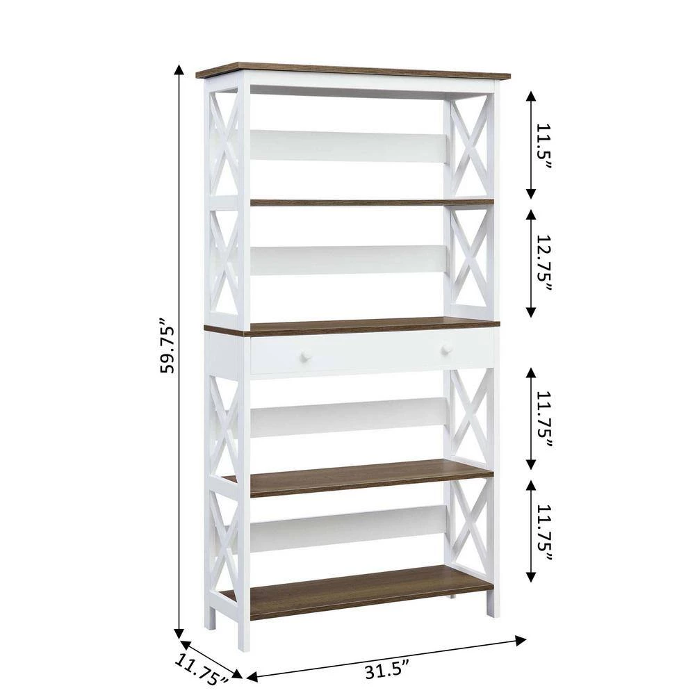 Oxford 59.75 in. Driftwood/White MDF 5-Shelf Standard Bookcase with Drawer by Convenience Concepts 5 Oxford 59.75 in. Driftwood/White MDF 5-Shelf Standard Bookcase with Drawer by Convenience Concepts - Image 3