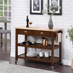 American Heritage Espresso/Butcher Block Kitchen Cart with Drawers by Convenience Concepts