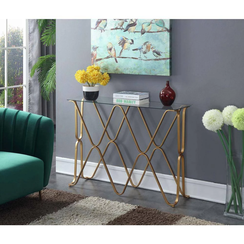 Neptune 42 in. Glass/Gold Standard Height Rectangular Glass Top Console Table with Metal Frame by Convenience Concepts 6 Neptune 42 in. Glass/Gold Standard Height Rectangular Glass Top Console Table with Metal Frame by Convenience Concepts - Image 4