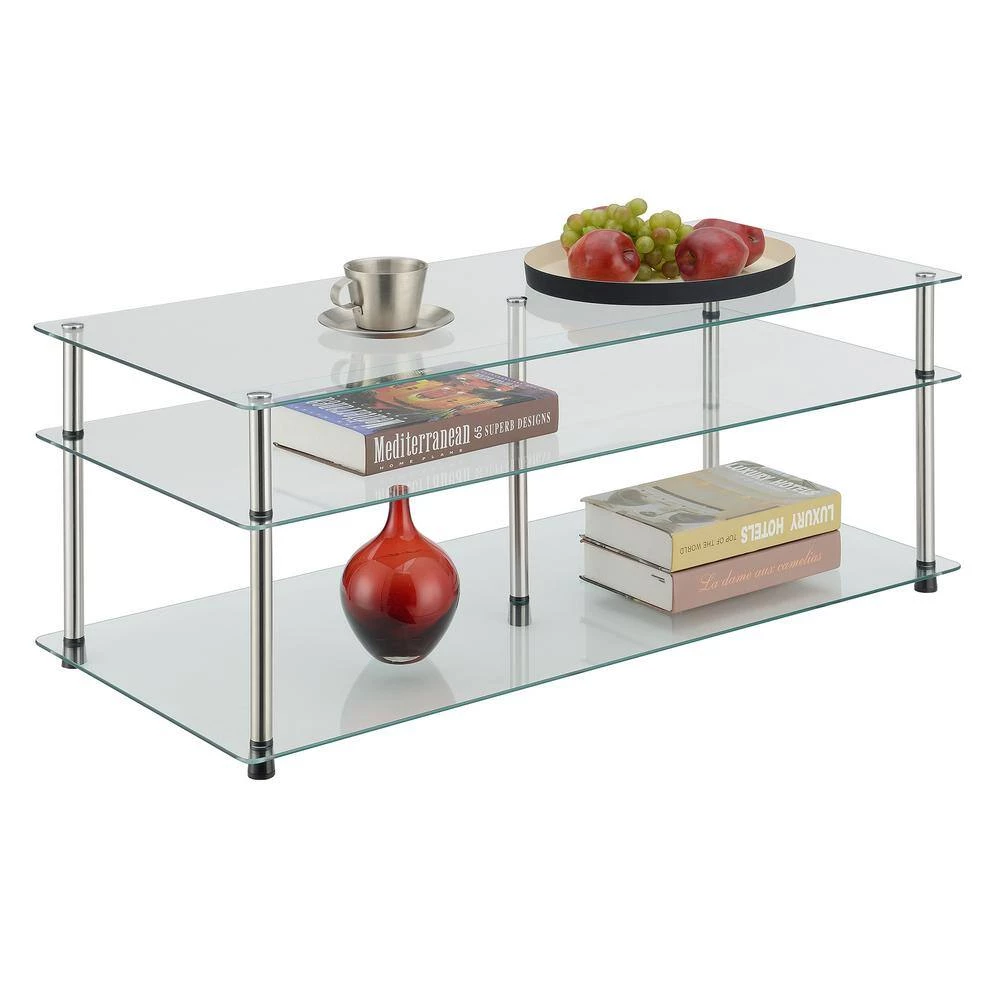 Designs2Go 40 in. Glass/Stainless Standard Rectangular Glass Top Coffee Table with 3 Tiers by Convenience Concepts 4 Designs2Go 40 in. Glass/Stainless Standard Rectangular Glass Top Coffee Table with 3 Tiers by Convenience Concepts - Image 2