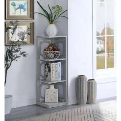 38.5 in. Gray Wood 4-shelf Corner Bookcase with Open Storage by Convenience Concepts -Cheap Convenience Concepts Store gray convenience concepts bookcases bookshelves s20 357 c3 1000