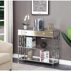Town Square 39.5 in. Mirror/Chrome Rectangle Glass Top 1 Drawer Console Table with Shelves by Convenience Concepts -Cheap Convenience Concepts Store mirror chrome convenience concepts console tables s14 131 31 1000