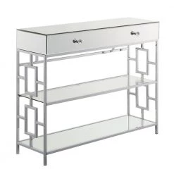 Town Square 39.5 in. Mirror/Chrome Rectangle Glass Top 1 Drawer Console Table with Shelves by Convenience Concepts