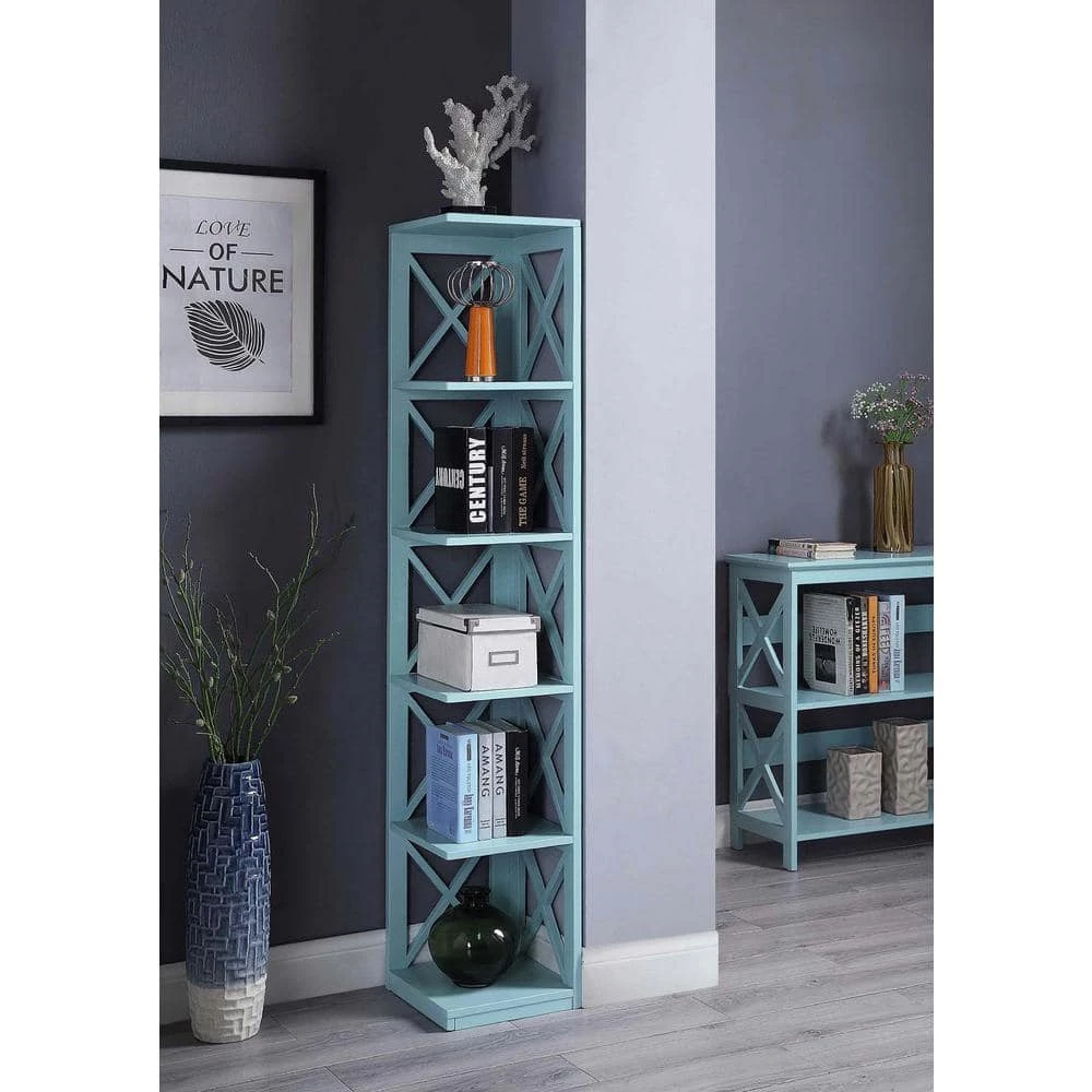 63.75 in. Sea Foam Wood 6-shelf Corner Bookcase with Open Storage by Convenience Concepts 6 63.75 in. Sea Foam Wood 6-shelf Corner Bookcase with Open Storage by Convenience Concepts - Image 4