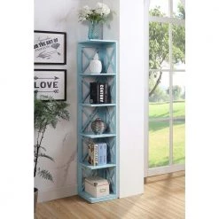 63.75 in. Sea Foam Wood 6-shelf Corner Bookcase with Open Storage by Convenience Concepts