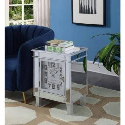 Gold Coast 19 in. Silver Standard Height Rectangular Mirror Top end Table with Clock and Cabinet by Convenience Concepts -Cheap Convenience Concepts Store silver convenience concepts end side tables u12 224 31 1000