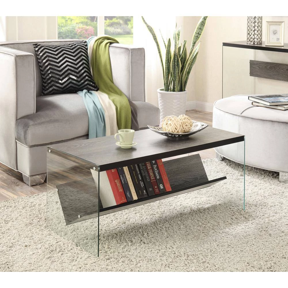 SoHo 40 in. L Weathered Gray and Glass 17 in. H Rectangle Particle Board Coffee Table with Shelf by Convenience Concepts 5 SoHo 40 in. L Weathered Gray and Glass 17 in. H Rectangle Particle Board Coffee Table with Shelf by Convenience Concepts - Image 3