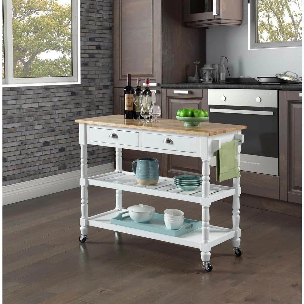French Country White 3-Tier Cart with Butcher Block Top and Drawers by Convenience Concepts 9 French Country White 3-Tier Cart with Butcher Block Top and Drawers by Convenience Concepts - Image 7