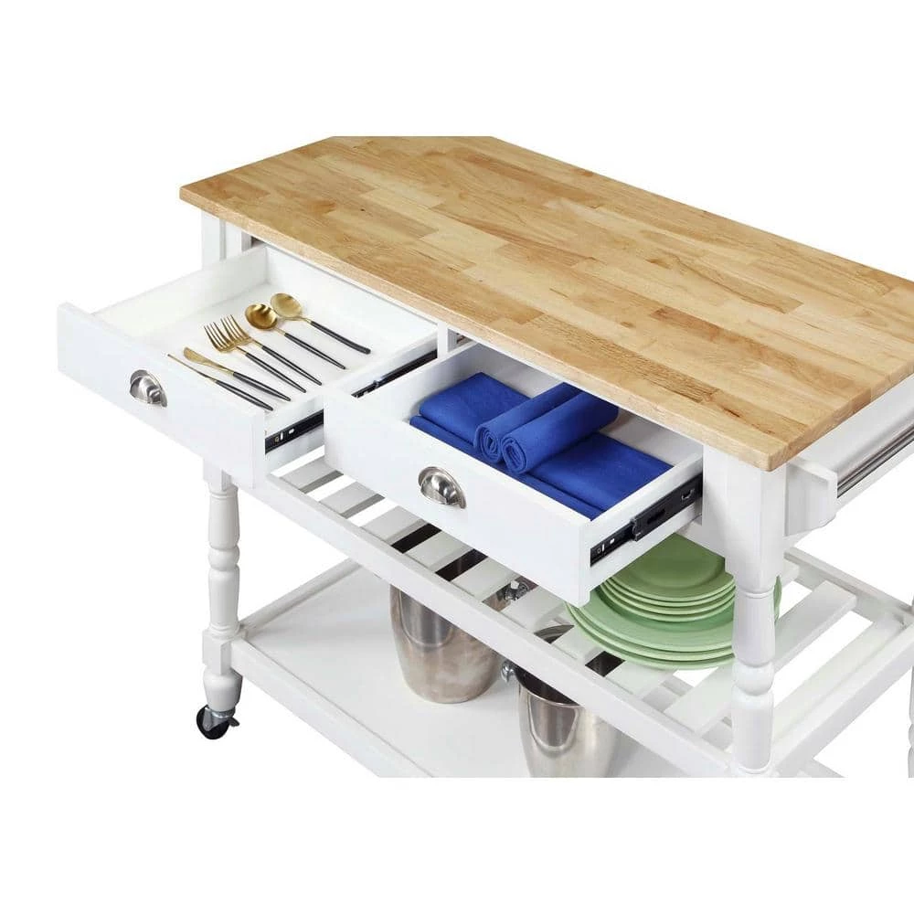 French Country White 3-Tier Cart with Butcher Block Top and Drawers by Convenience Concepts 5 French Country White 3-Tier Cart with Butcher Block Top and Drawers by Convenience Concepts - Image 3
