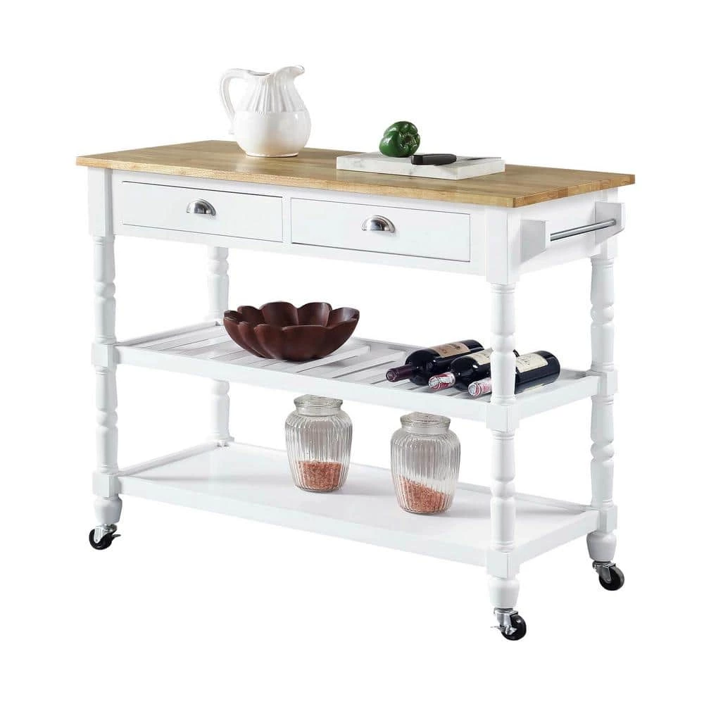 French Country White 3-Tier Cart with Butcher Block Top and Drawers by Convenience Concepts 6 French Country White 3-Tier Cart with Butcher Block Top and Drawers by Convenience Concepts - Image 4
