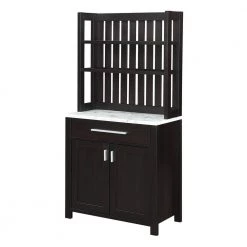 Sawyer White Faux Marble/Espresso 1-Drawer Wine Bar Storage Cabinet and Shelves by Convenience Concepts