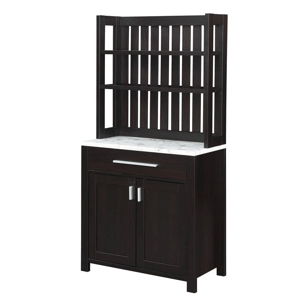 Sawyer White Faux Marble/Espresso 1-Drawer Wine Bar Storage Cabinet and Shelves by Convenience Concepts 3 Sawyer White Faux Marble/Espresso 1-Drawer Wine Bar Storage Cabinet and Shelves by Convenience Concepts