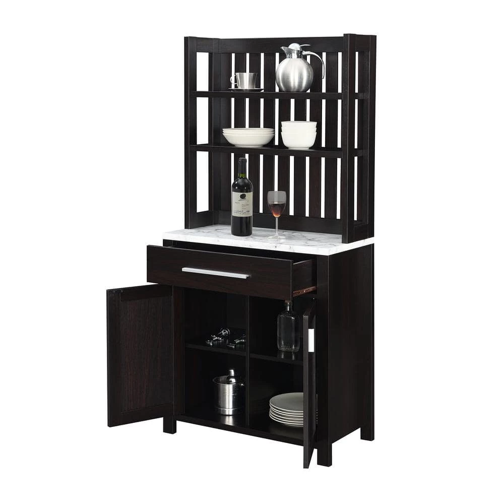 Sawyer White Faux Marble/Espresso 1-Drawer Wine Bar Storage Cabinet and Shelves by Convenience Concepts 5 Sawyer White Faux Marble/Espresso 1-Drawer Wine Bar Storage Cabinet and Shelves by Convenience Concepts - Image 3