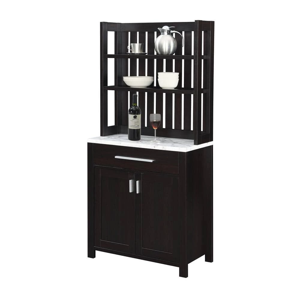 Sawyer White Faux Marble/Espresso 1-Drawer Wine Bar Storage Cabinet and Shelves by Convenience Concepts 4 Sawyer White Faux Marble/Espresso 1-Drawer Wine Bar Storage Cabinet and Shelves by Convenience Concepts - Image 2