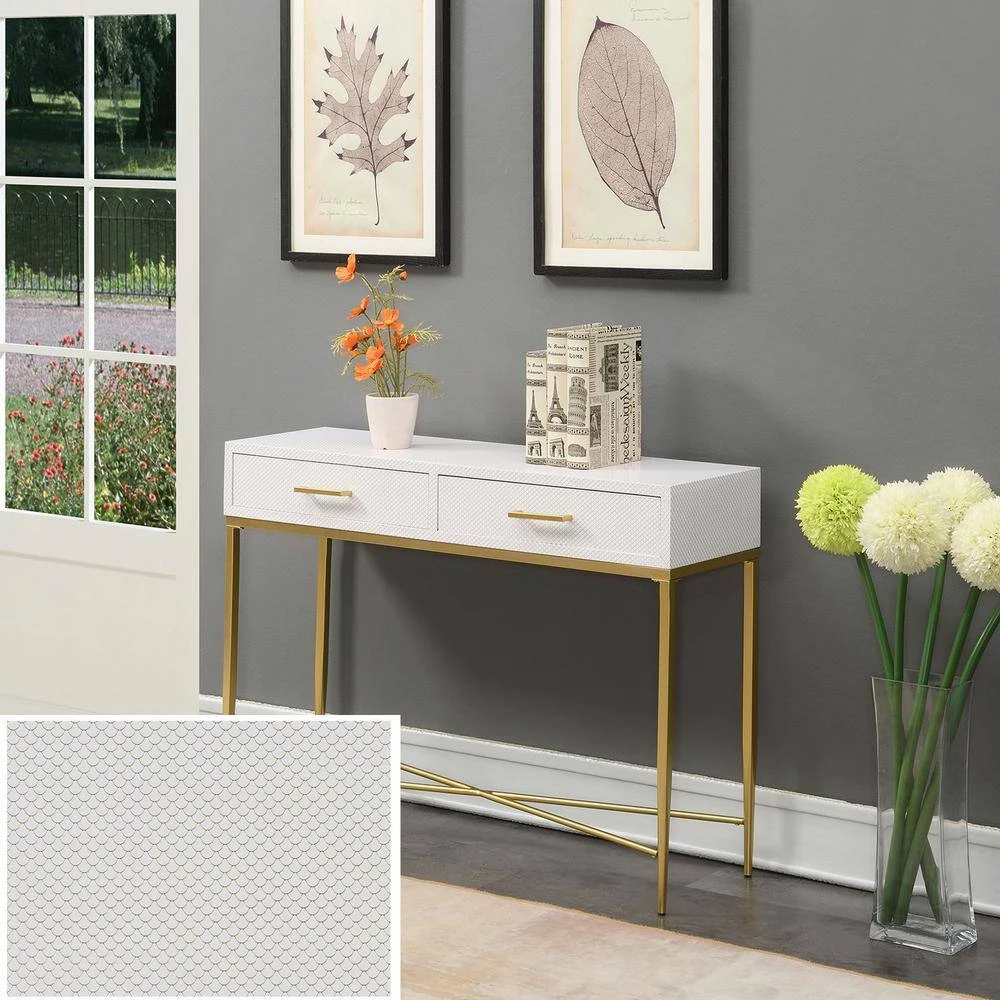 Ashley 42 in. White Scallop/Gold Standard Rectangle MDF Top Console Table with 2-Drawers by Convenience Concepts 9 Ashley 42 in. White Scallop/Gold Standard Rectangle MDF Top Console Table with 2-Drawers by Convenience Concepts - Image 7