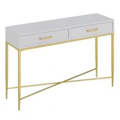 Ashley 42 in. White Scallop/Gold Standard Rectangle MDF Top Console Table with 2-Drawers by Convenience Concepts