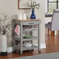 Ellaine Wirebrush Light Gray/Butcher Block Kitchen Cart with Wine Rack by Convenience Concepts -Cheap Convenience Concepts Store wirebrush light butcher block convenience concepts bar carts v2 253 31 1000
